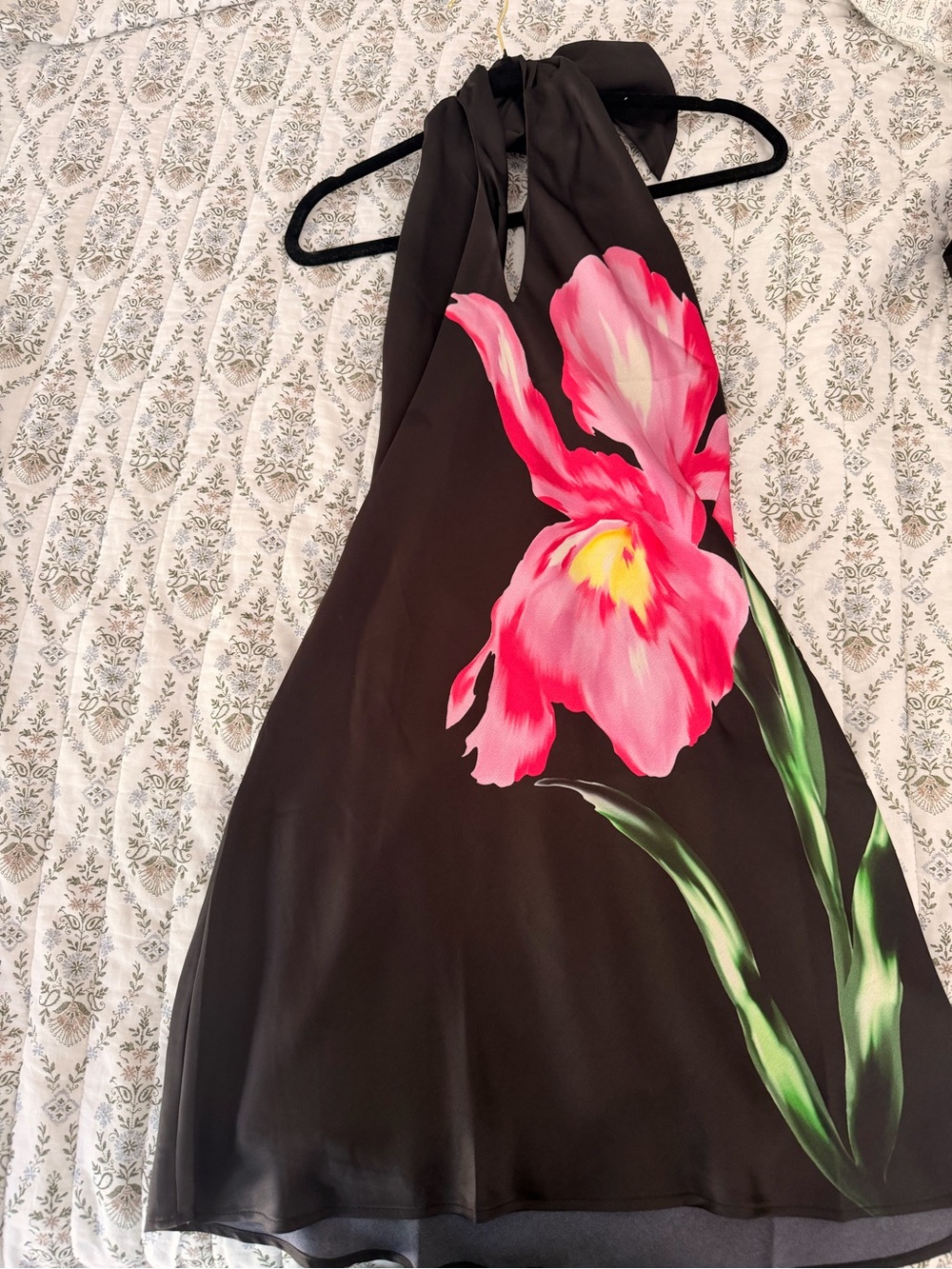 Show Me Your MuMu Black Halter Mini Dress with Bright Pink Floral